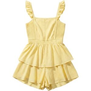 Shabby Chic Romper Womens Large Yellow Ruffle Tiered Lace Cottagecore S22D1041M